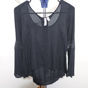 Black Flare Sleeve Lace Accent Women's Top